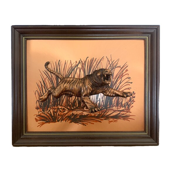 Vintage John Louw Signed Bengal Tiger 3D Copper Wall Art 13x16